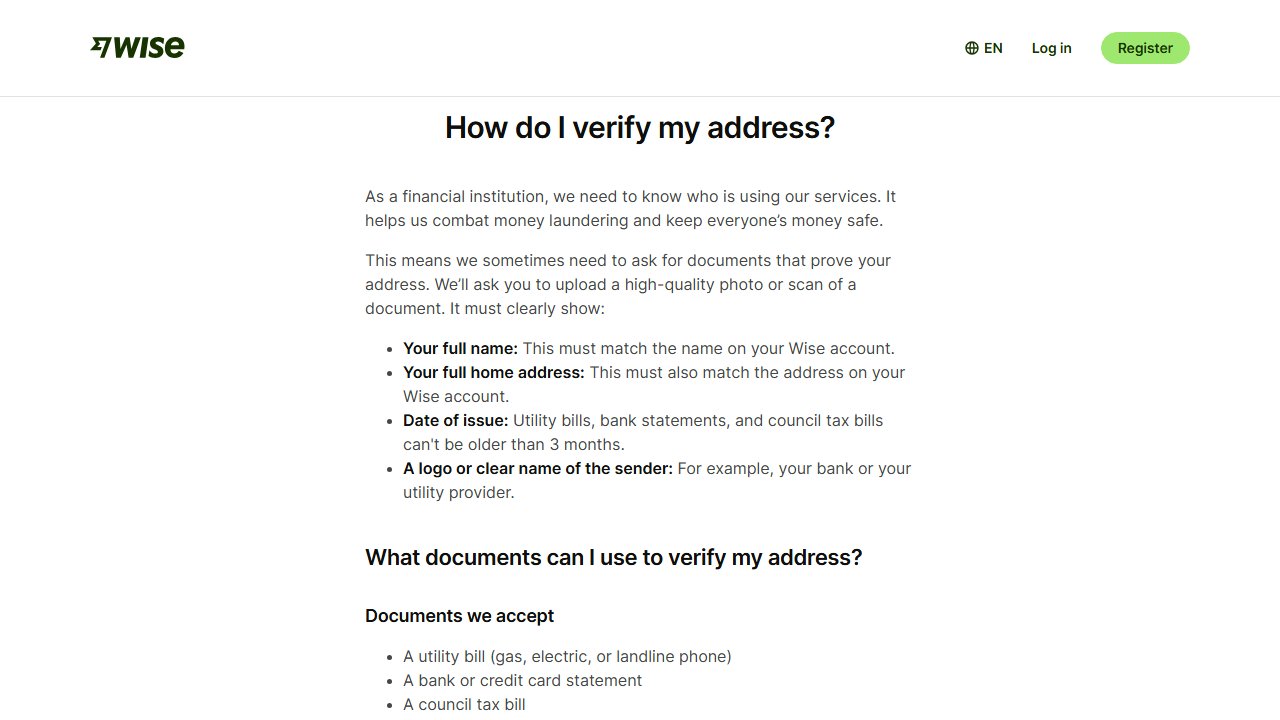 wise.com official page screenshot: How do I verify my address?